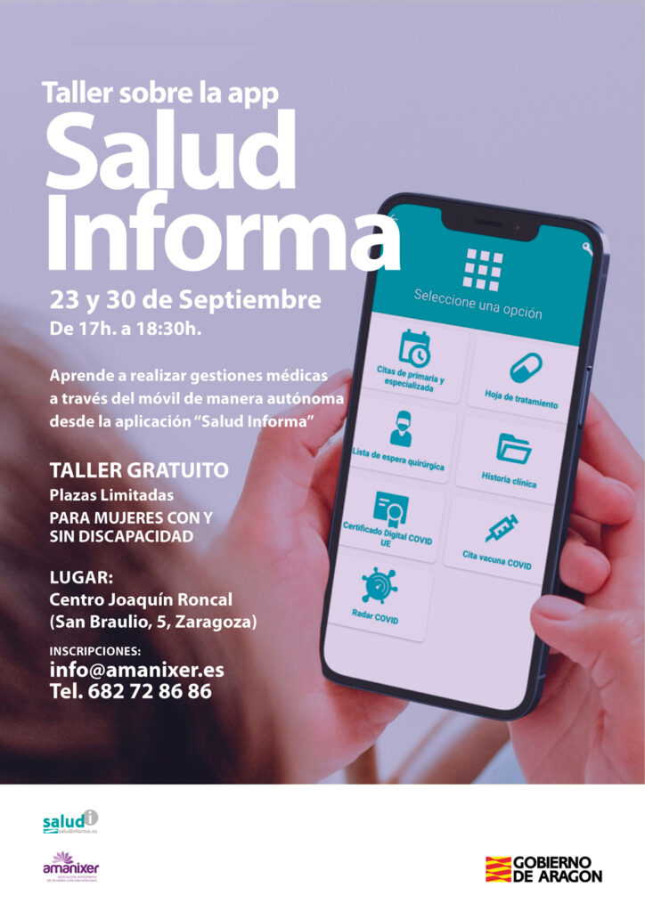Cartel del taller para el uso de la app Salud Informa del Gobierno de Aragón