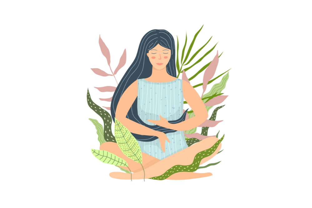 Ilustración de mujer rodeada de plantas con las manos delante de su vientre