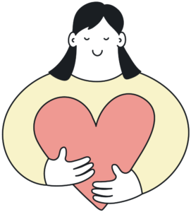 Ilustración de mujer abrazando un corazón