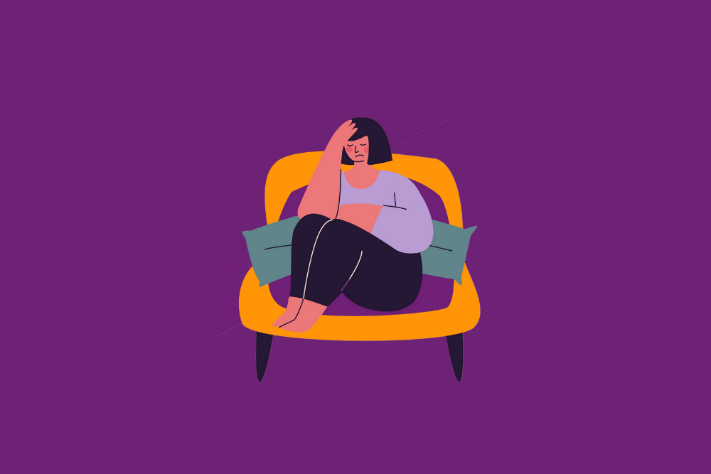 Ilustración de mujer sentada en un sillón con cara de tristeza