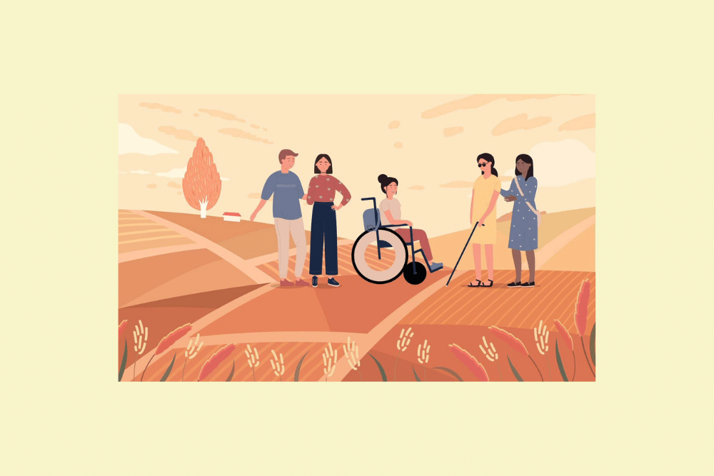 Ilustración de mujeres con discapacidad en el campo