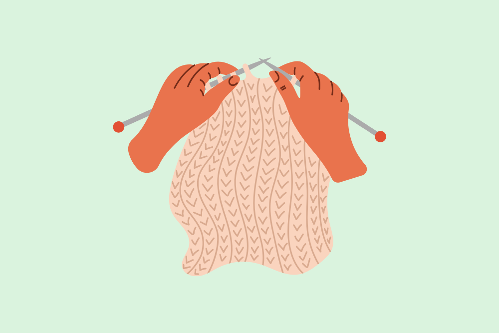 Ilustración de dos manos de mujer tejiendo con ganchillo una bufanda