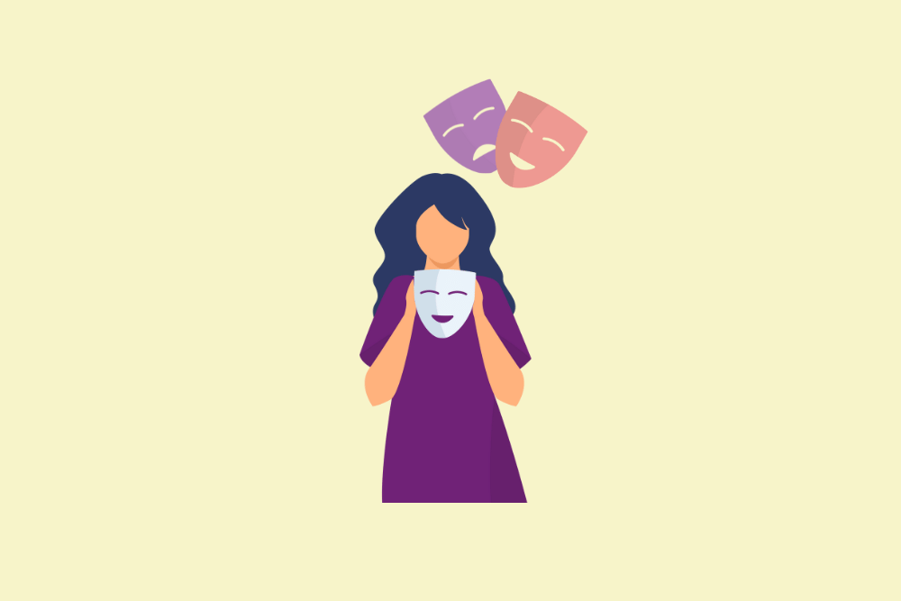 Ilustración de mujer sujetando una máscara de teatro