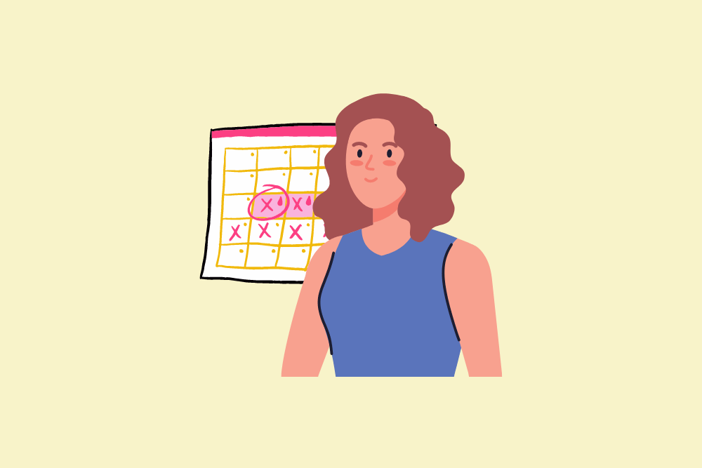 Ilustración de mujer sonriendo con un calendario menstrual detrás