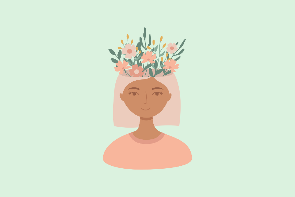 Ilustración de cabeza de mujer con flores que salen de arriba