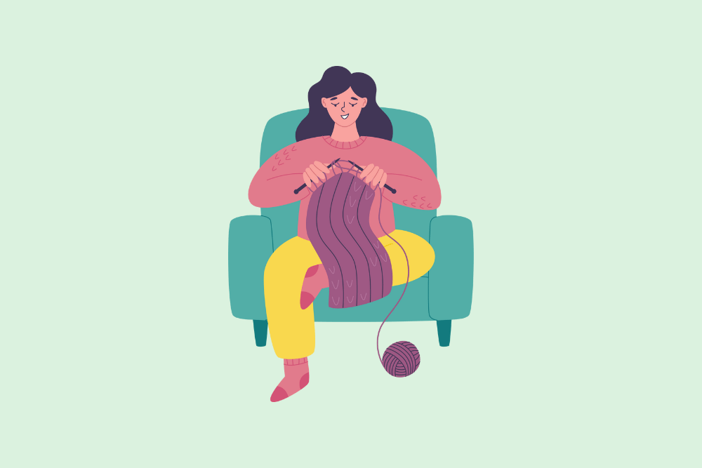 Ilustración de mujer tejiendo en un sofá