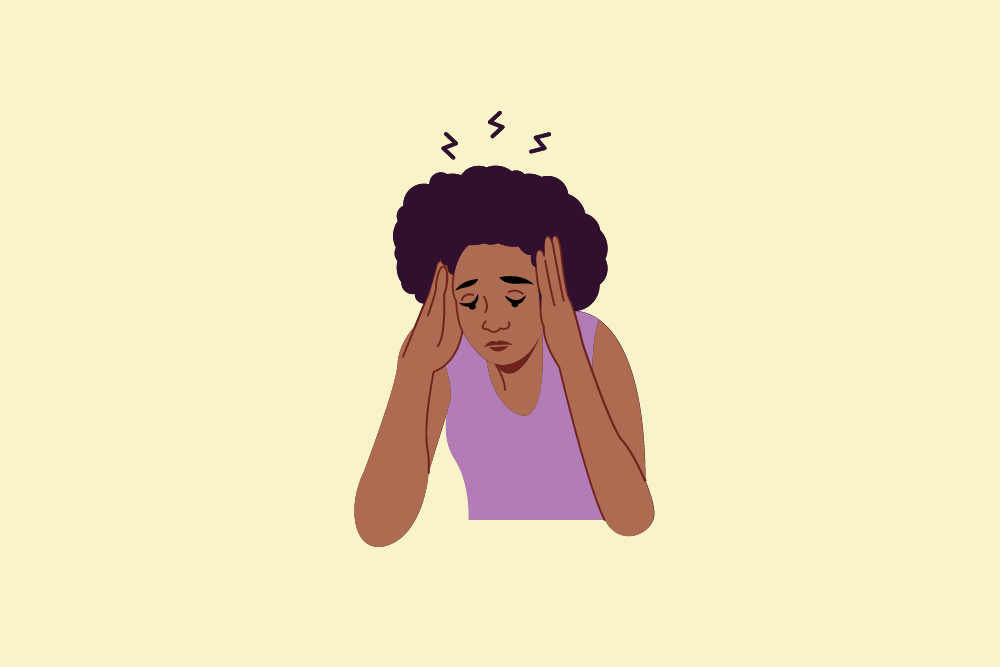 Ilustración de mujer negra con sus manos en la cabeza como estresada