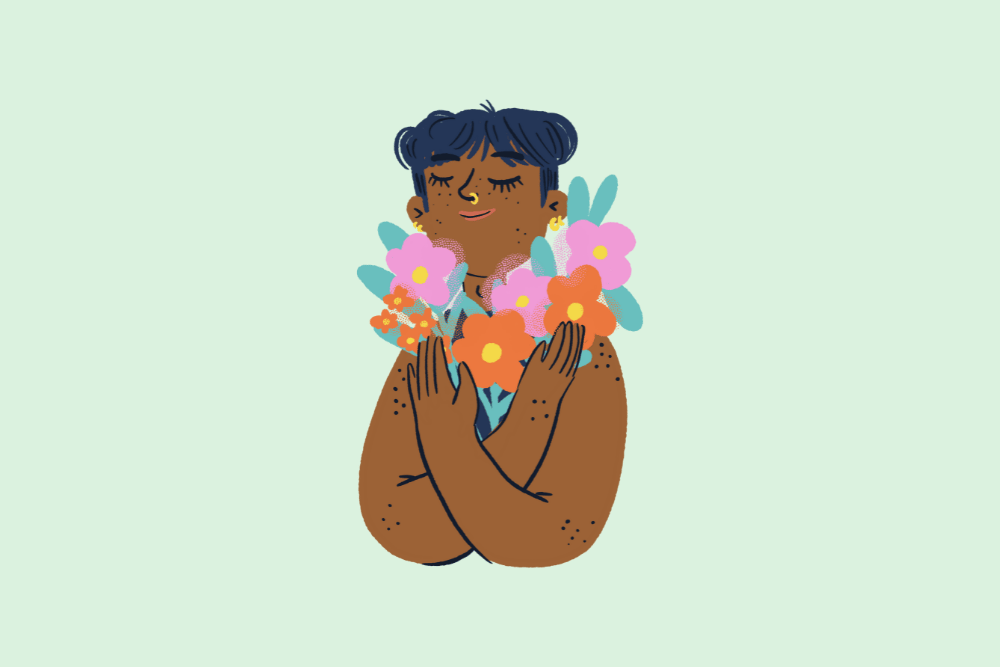 Ilustración de mujer negra abrazando una flores y a sí misma
