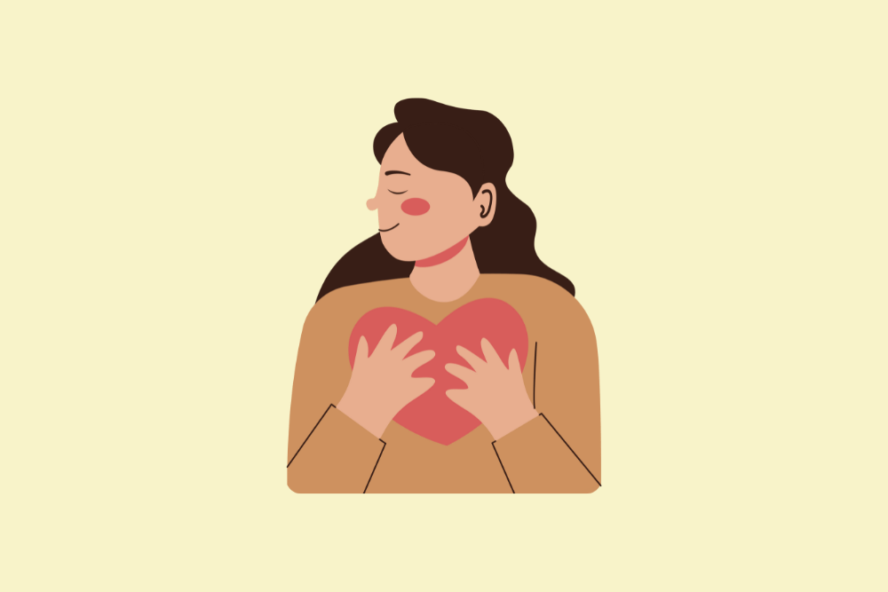 Ilustración de mujer abrazando su corazón