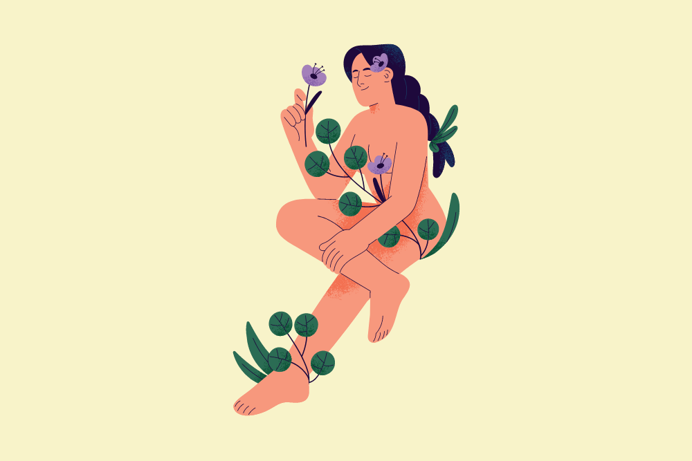 Ilustración de mujer desnuda con flores a su alrededor