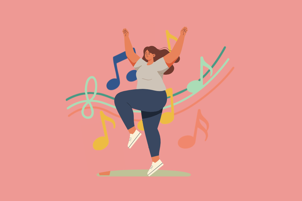 Ilustración de mujer bailando con nota smsusicales